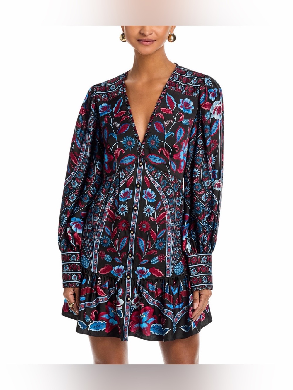 FARM Rio Black Floral V-Neck Long Sleeve Mini Dress with Blue & Magenta